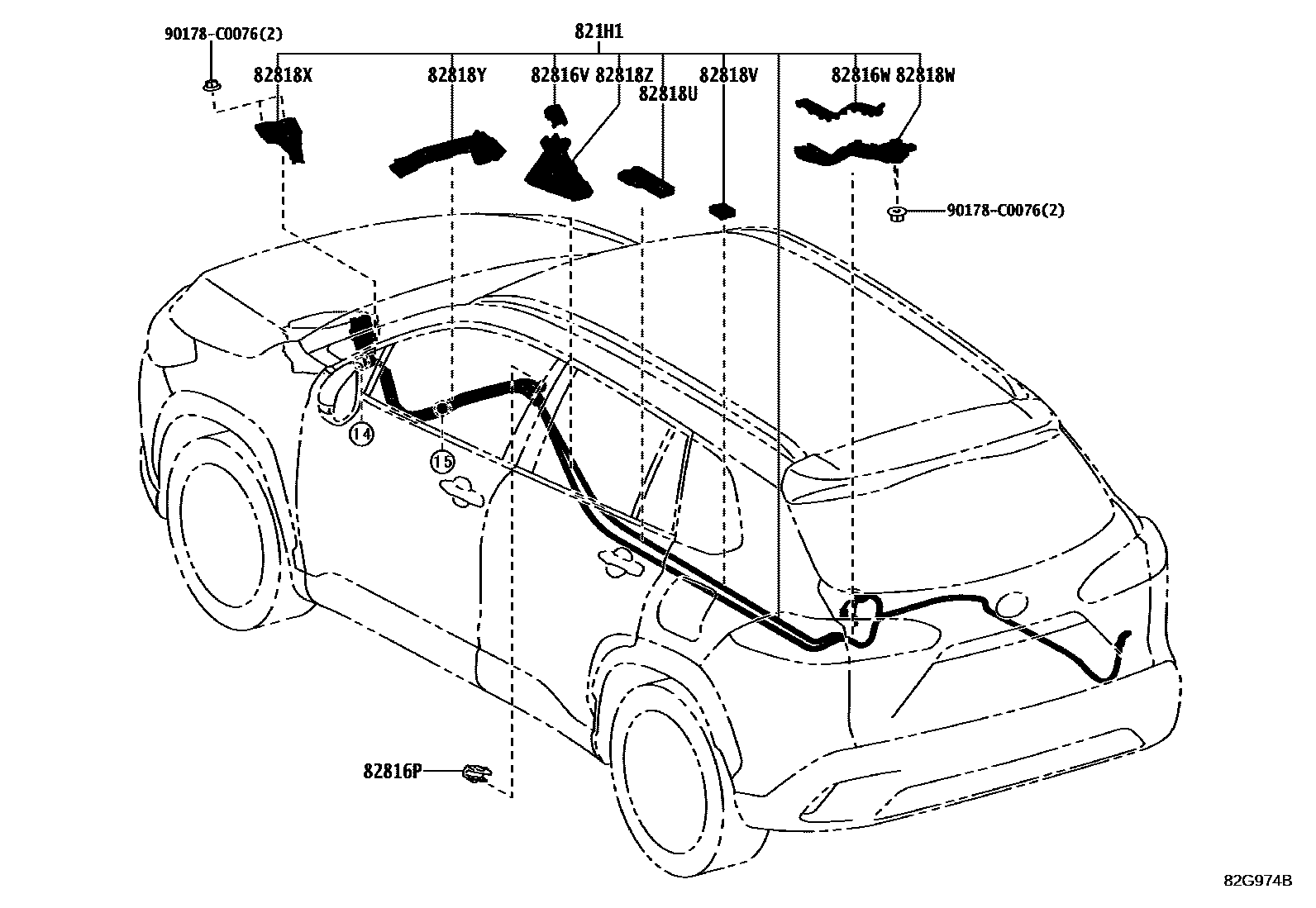 Toyota COROLLA 线束和卡夹 EPC diagram — 82G974B