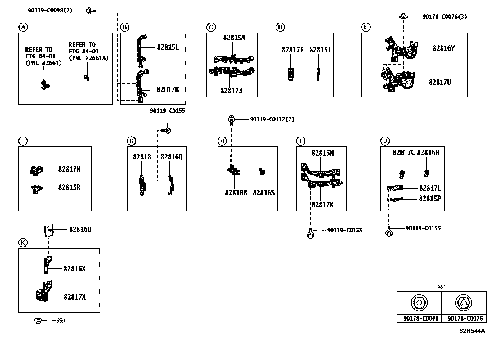 Toyota COROLLA 线束和卡夹 EPC diagram — 82H544A