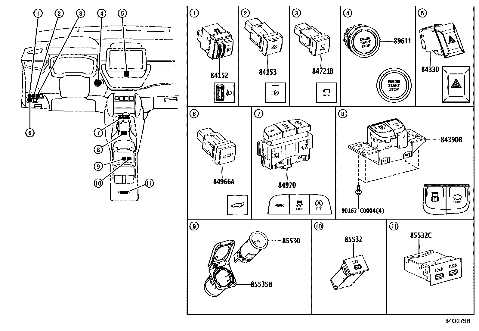 Toyota COROLLA 开关和继电器和ECU EPC diagram — 84O275B