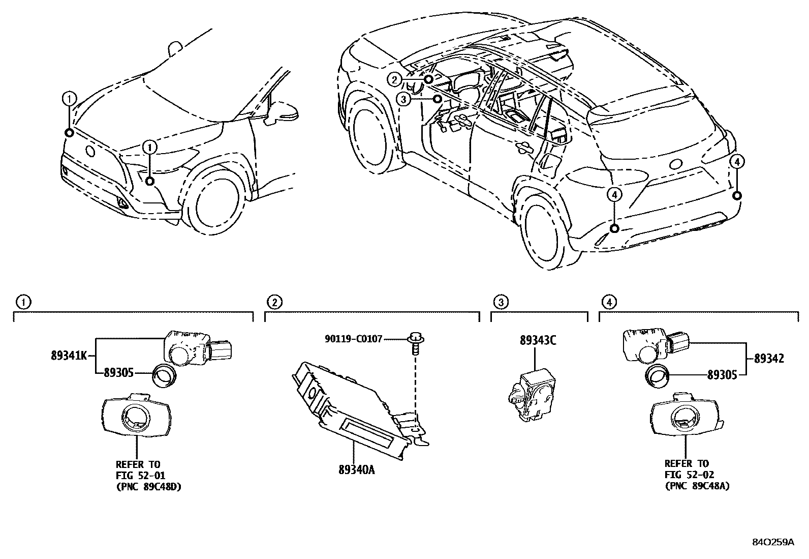 Toyota COROLLA 测距雷达和倒车雷达 EPC diagram — 84O259A