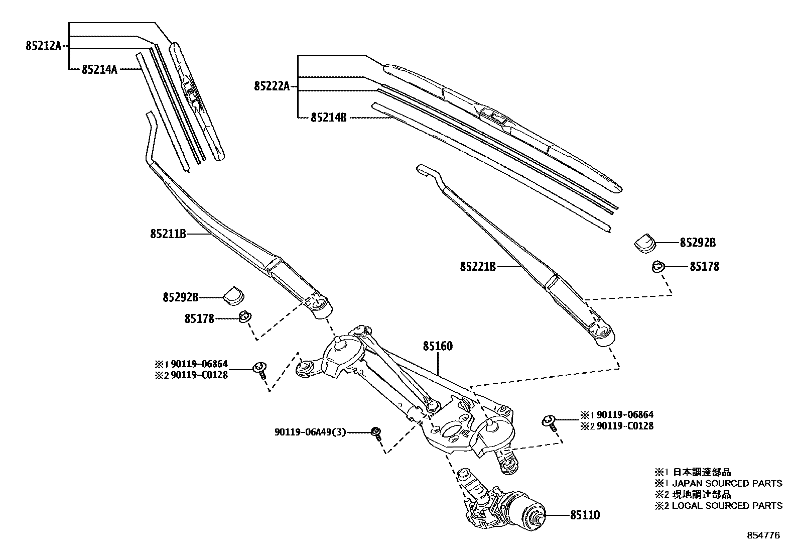 Toyota COROLLA 挡风玻璃刮水器 EPC diagram — 854776