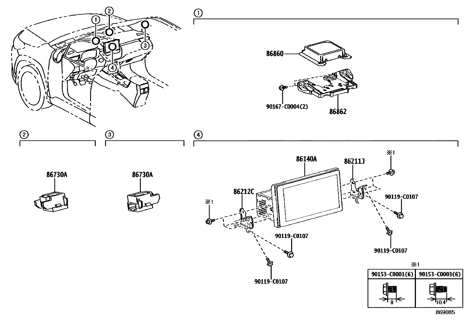 Toyota COROLLA 导航和前监视器显示屏 EPC diagram — 869085