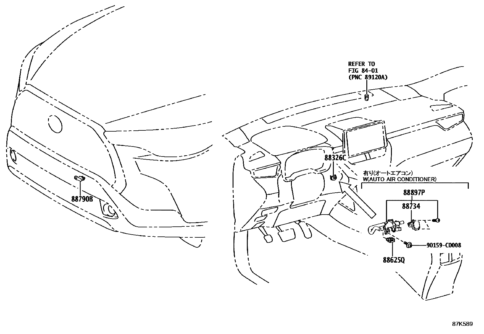Toyota COROLLA 暖风和空调系统 - 控制器和风管 EPC diagram — 87K589
