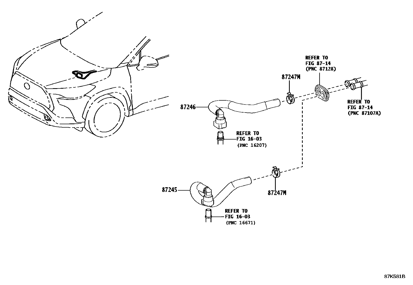 Toyota COROLLA 暖风和空调系统 - 水管 EPC diagram — 87K581B