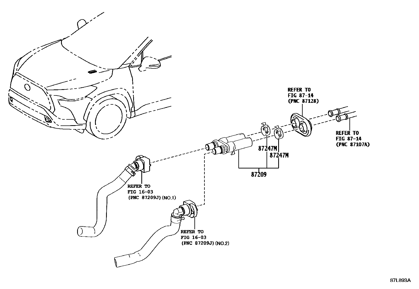 Toyota COROLLA 暖风和空调系统 - 水管 EPC diagram — 87L893A