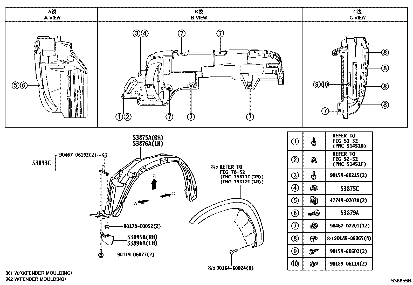 Toyota RAV4 发动机盖和前翼子板 EPC diagram — 536655B