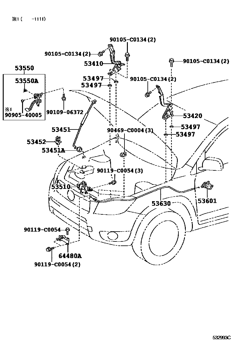 Toyota RAV4 发动机盖锁和铰链 EPC diagram — 532993C