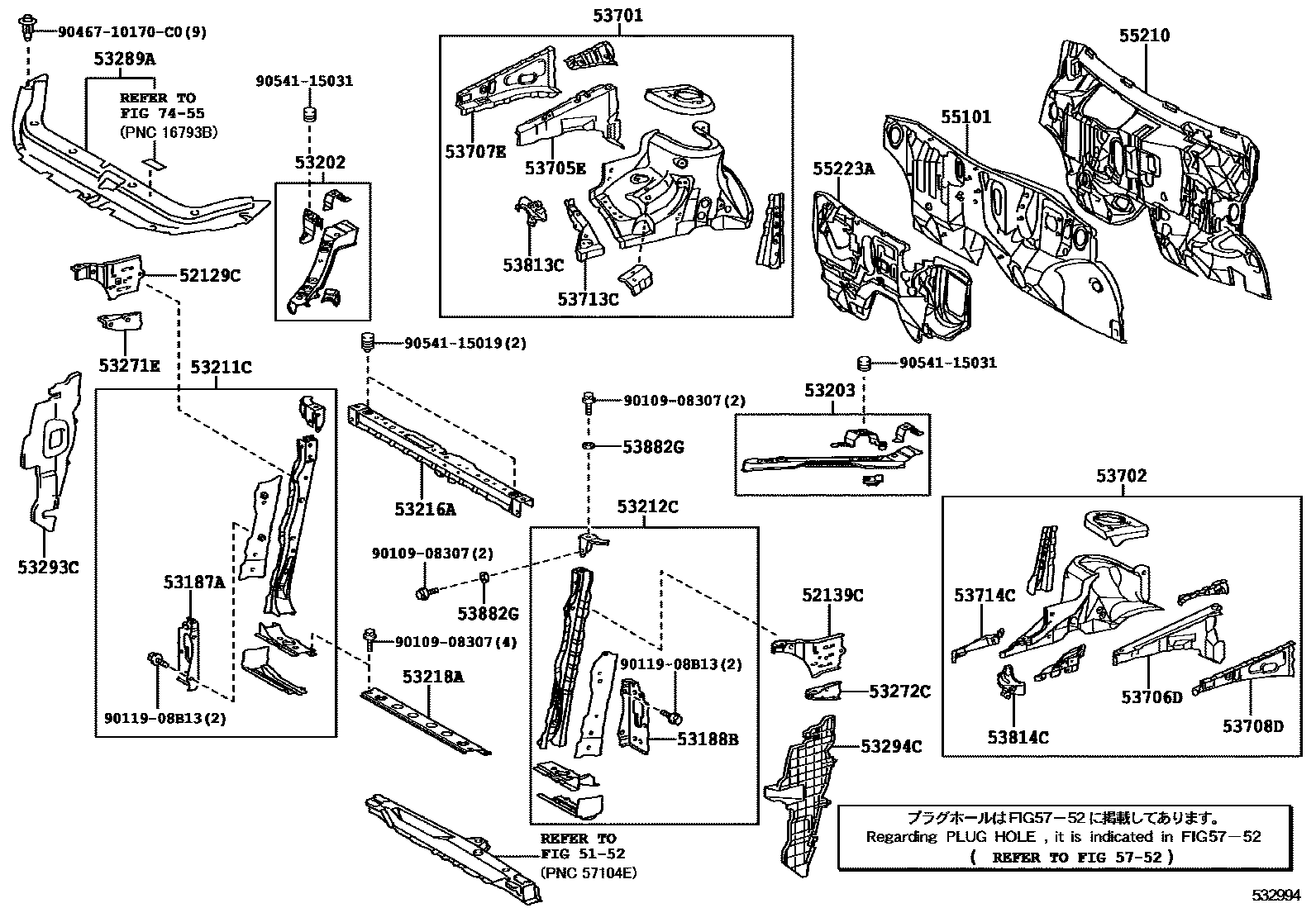Toyota RAV4 前翼子板挡泥板和前围板 EPC diagram — 532994