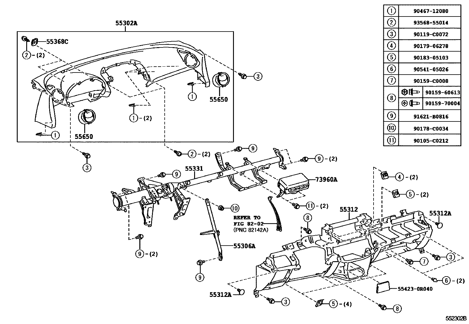 Toyota RAV4 仪表板和手套箱 EPC diagram — 552302B