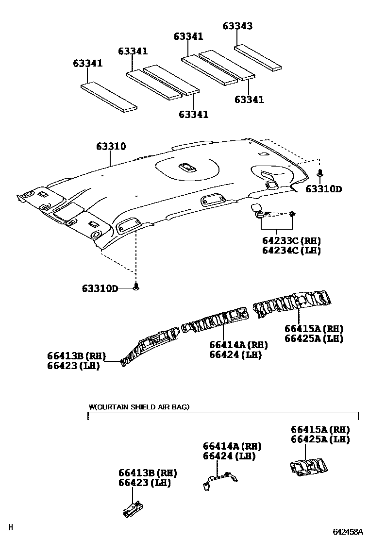 Toyota RAV4 车顶内衬和消声垫 EPC diagram — 642458A