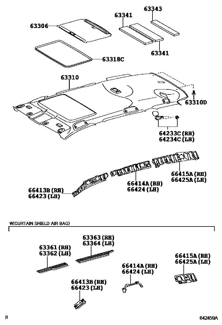 Toyota RAV4 车顶内衬和消声垫 EPC diagram — 642459A