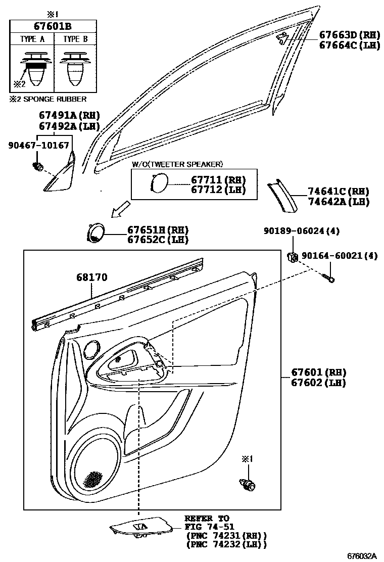 Toyota RAV4 前门板和前门玻璃 EPC diagram — 676032A