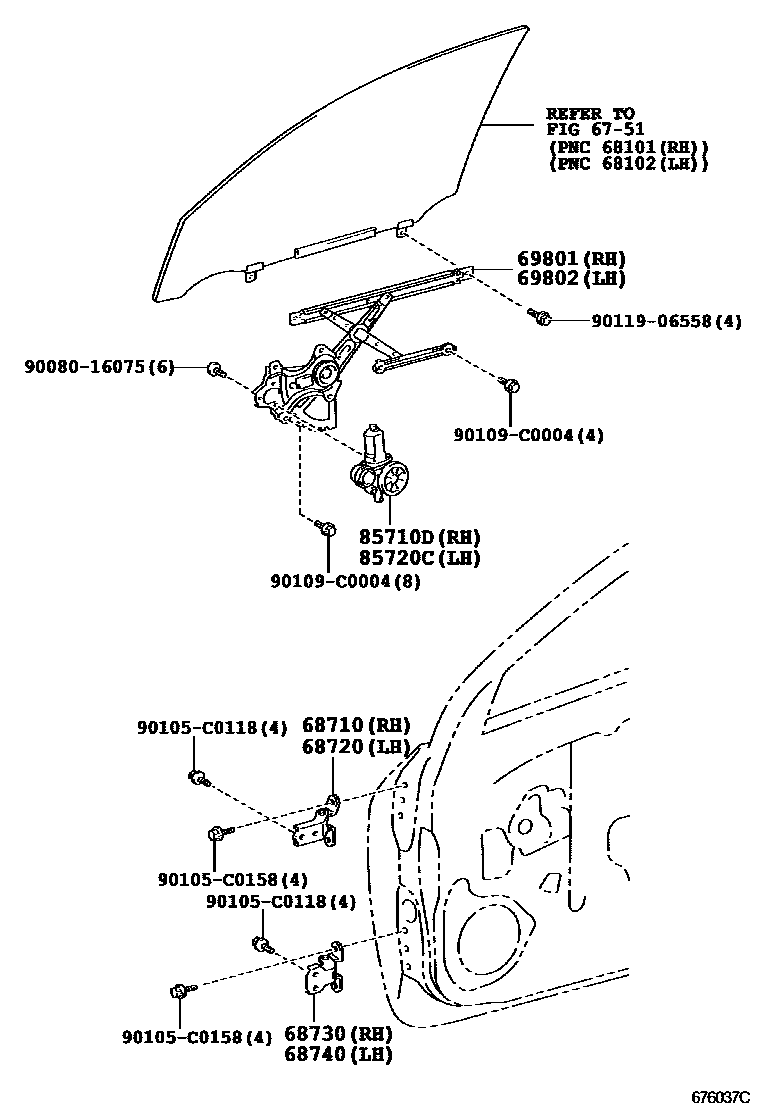 Toyota RAV4 前门车窗升降器和合页 EPC diagram — 676037C
