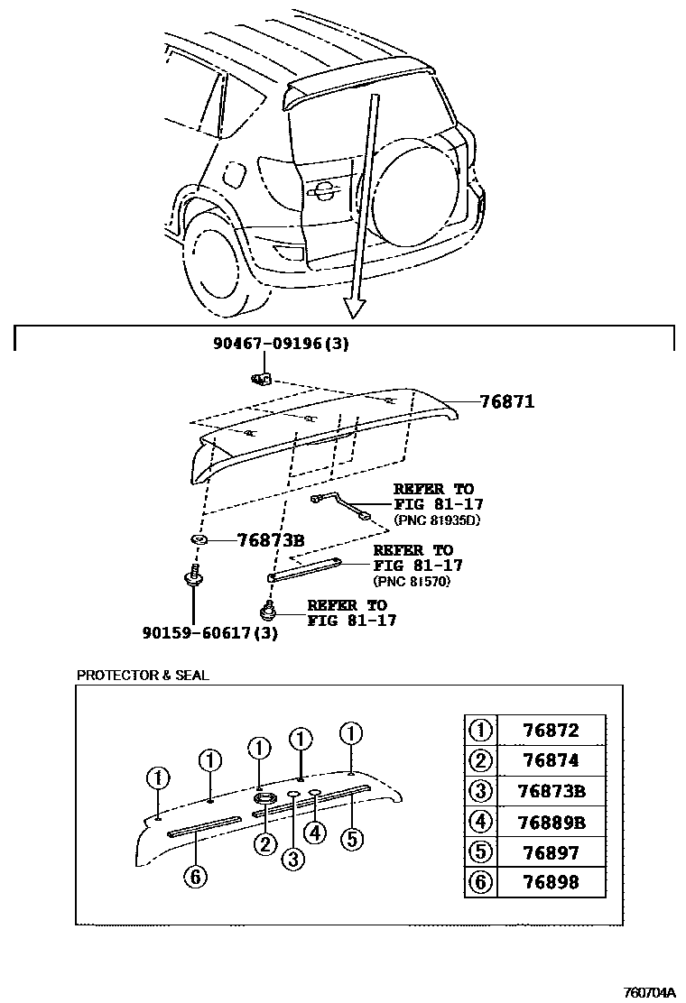 Toyota RAV4 扰流板和侧挡泥板 EPC diagram — 760704A