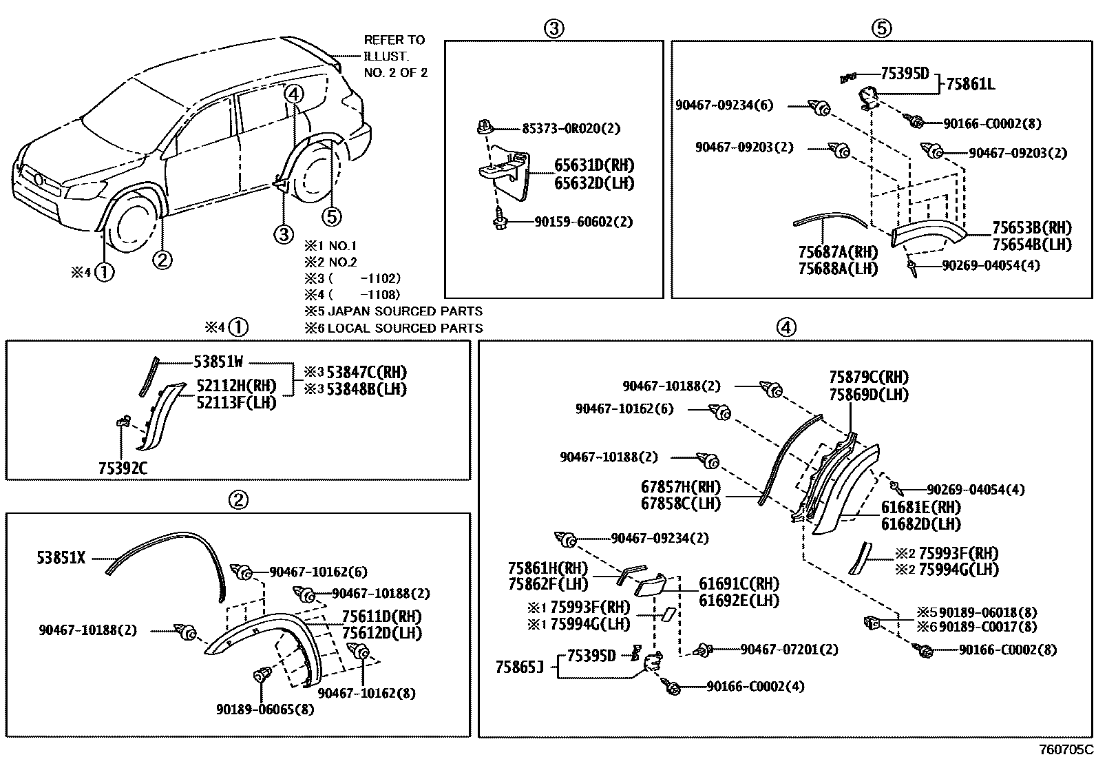 Toyota RAV4 扰流板和侧挡泥板 EPC diagram — 760705C