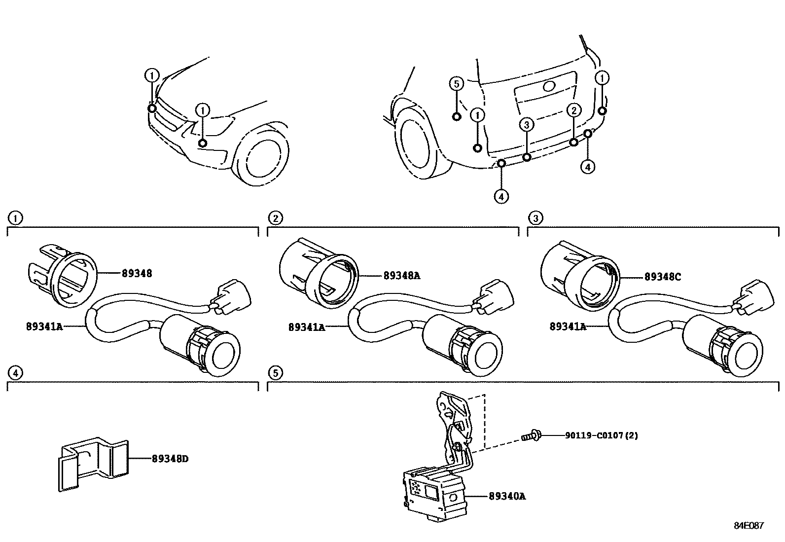 Toyota RAV4 测距雷达和倒车雷达 EPC diagram — 84E087