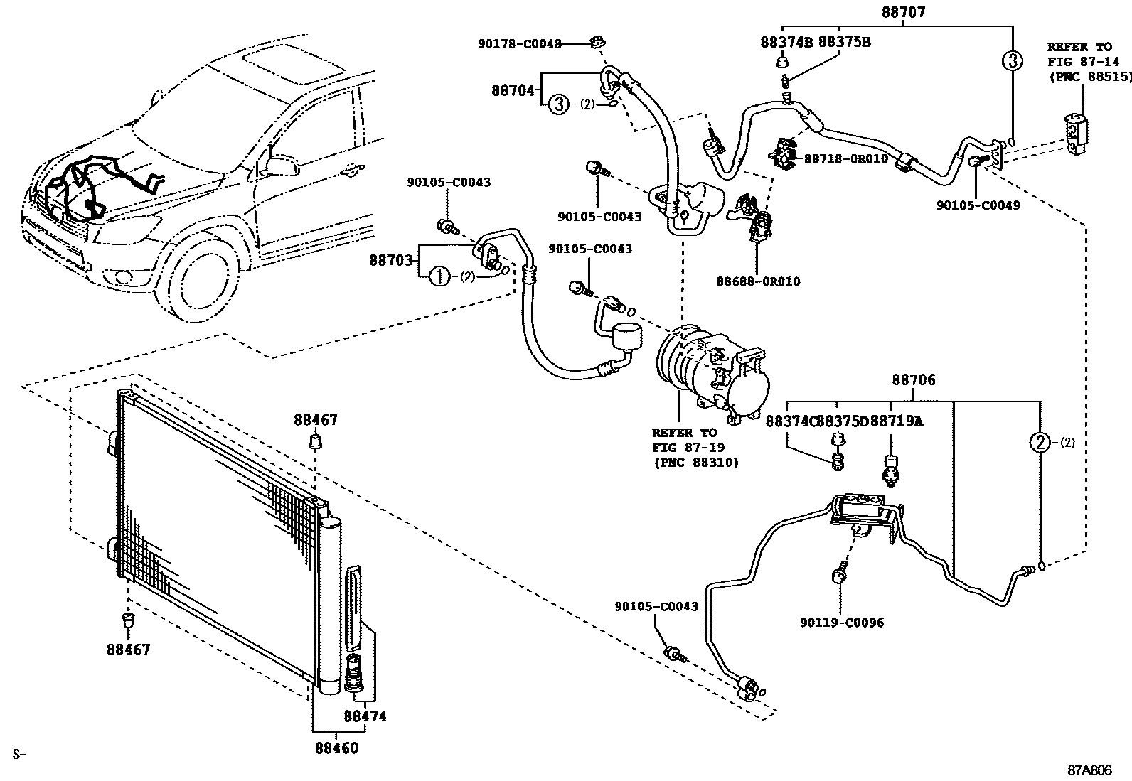 Toyota RAV4 Heating & Air Conditioning - Cooler Piping EPC diagram — 87A806