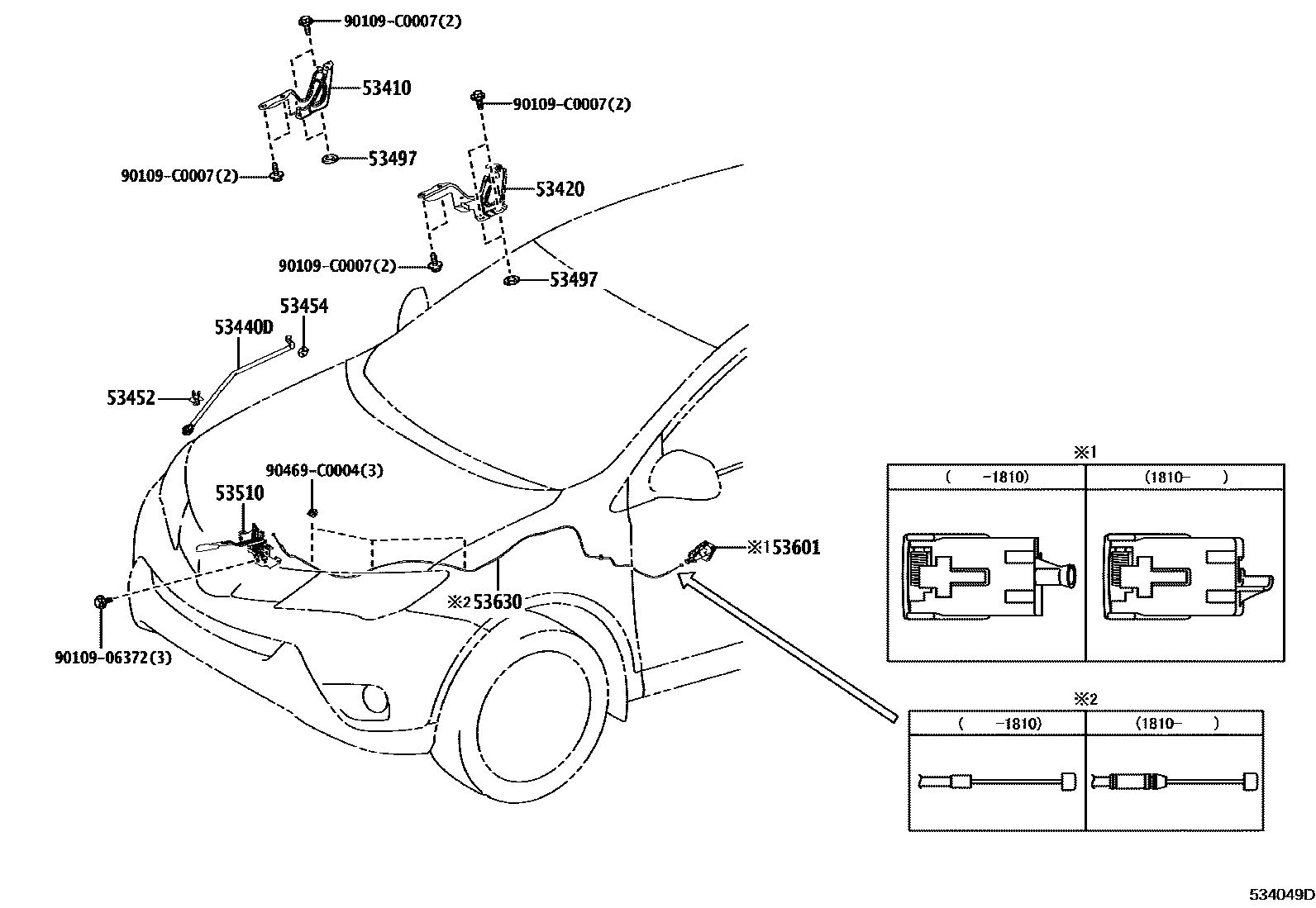 Toyota RAV4 发动机盖锁和铰链 EPC diagram — 534049D