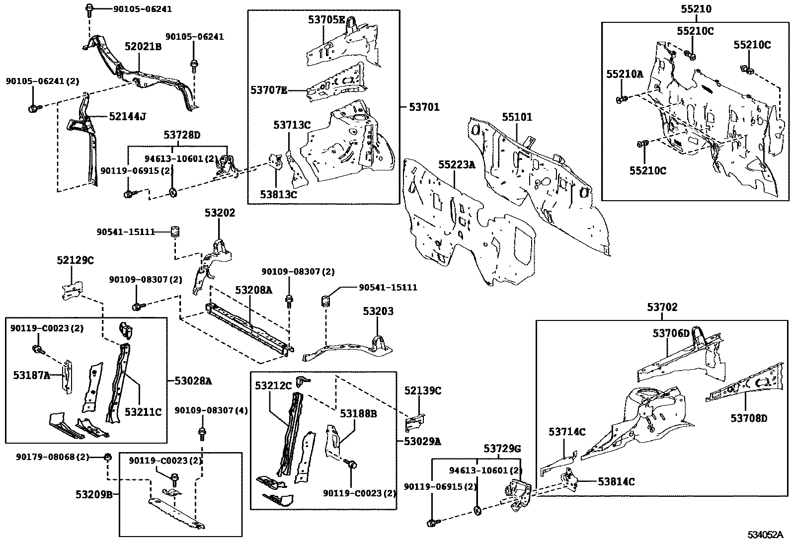 Toyota RAV4 前翼子板挡泥板和前围板 EPC diagram — 534052A