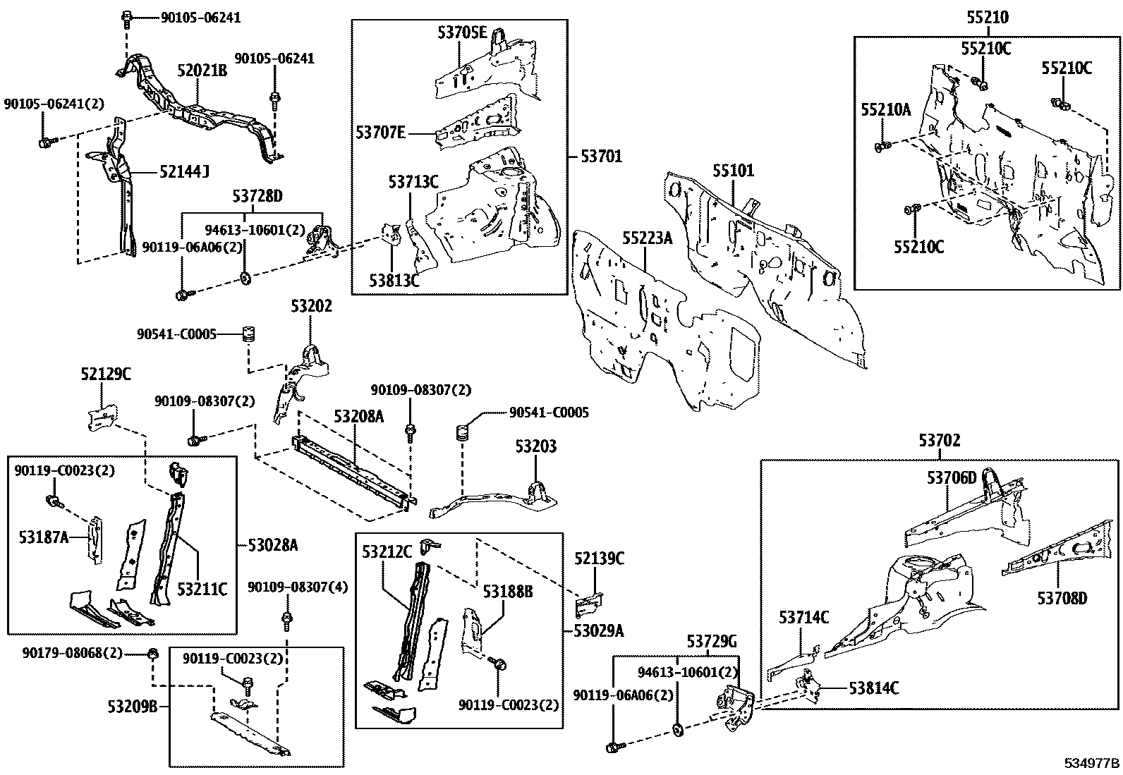 Toyota RAV4 前翼子板挡泥板和前围板 EPC diagram — 534977B