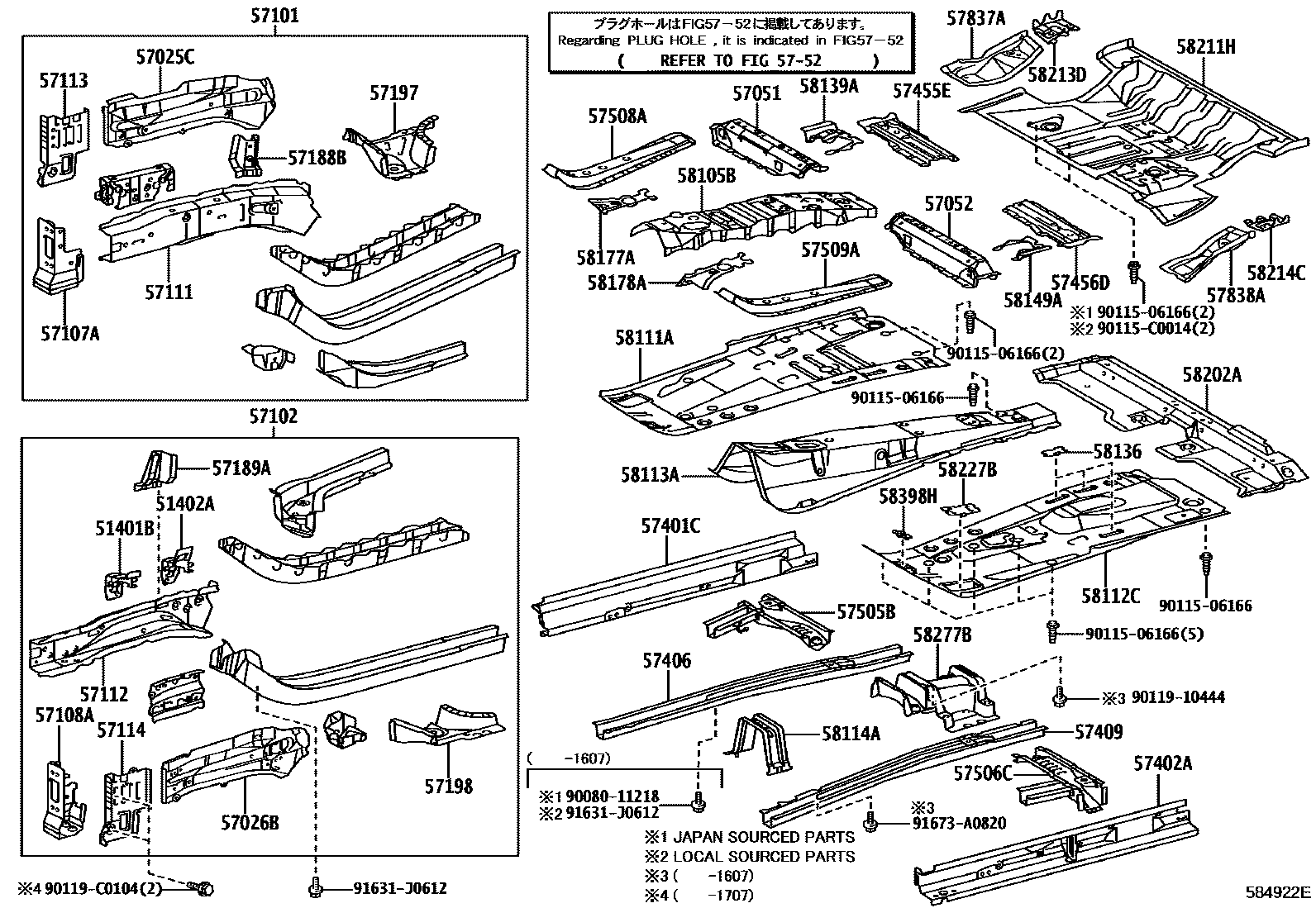 Toyota RAV4 前地板和前地板梁 EPC diagram — 584922E