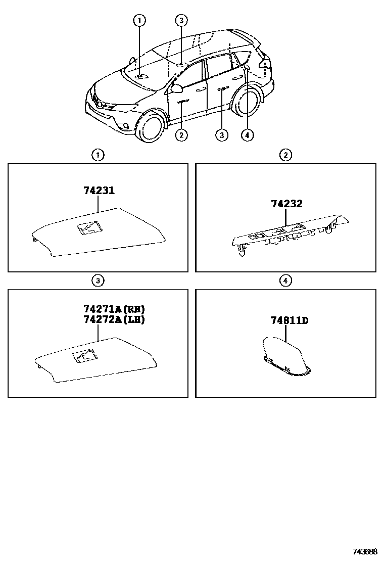 Toyota RAV4 扶手和遮阳板 EPC diagram — 743688