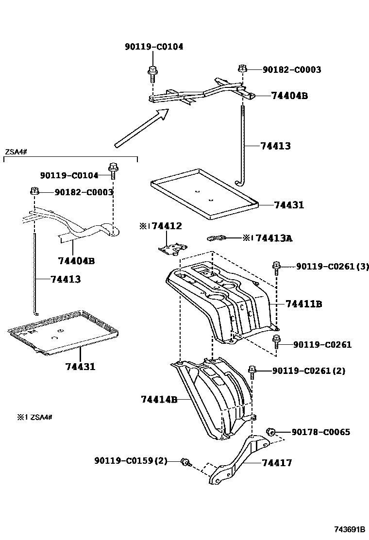 Toyota RAV4 battery holder EPC diagram — 743691B