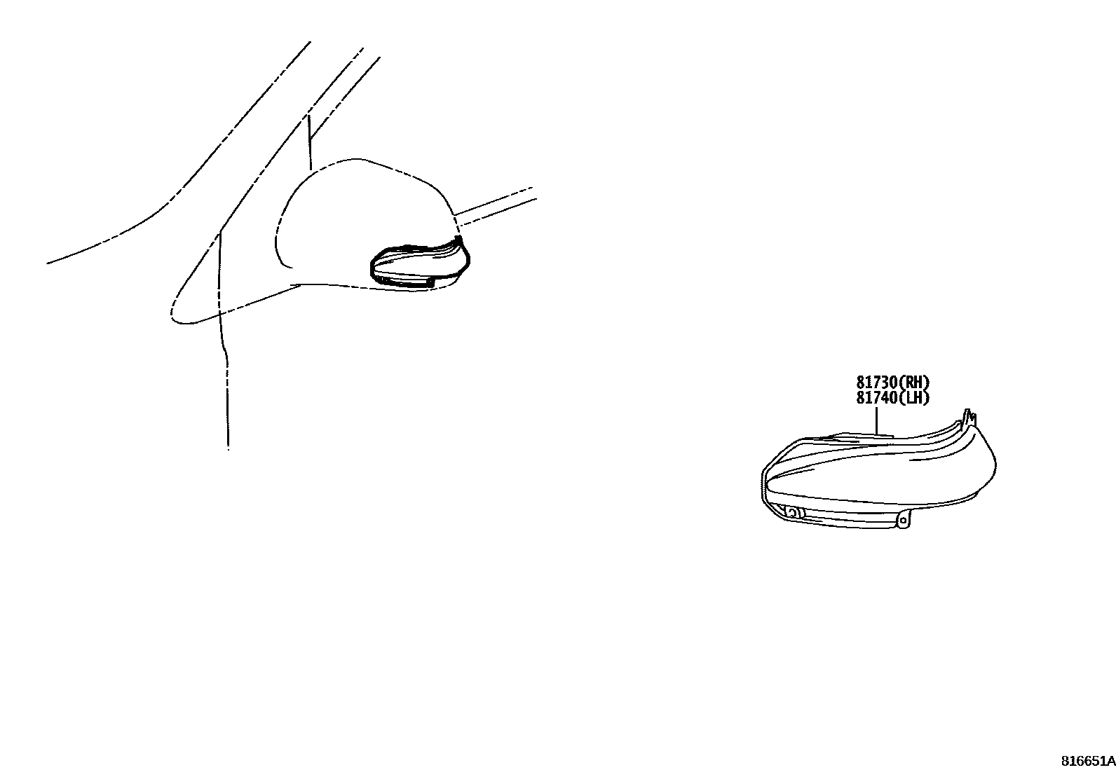 Toyota RAV4 Side Turn Signal & Outer Mirror Lamp EPC diagram — 816651A
