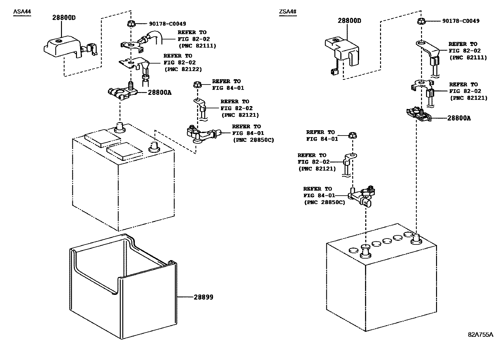 Toyota RAV4 蓄电池和蓄电池电缆 EPC diagram — 82A755A