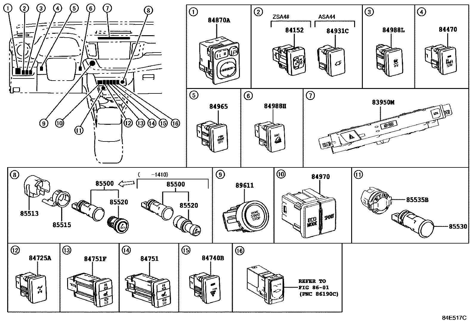 Toyota RAV4 开关和继电器和ECU EPC diagram — 84E517C