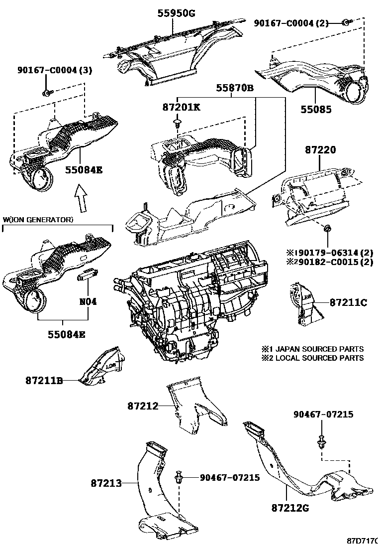 Toyota RAV4 暖风和空调系统 - 控制器和风管 EPC diagram — 87D717C