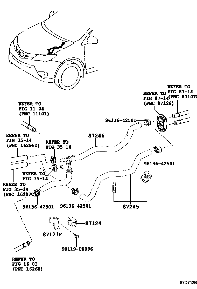 Toyota RAV4 暖风和空调系统 - 水管 EPC diagram — 87D713B