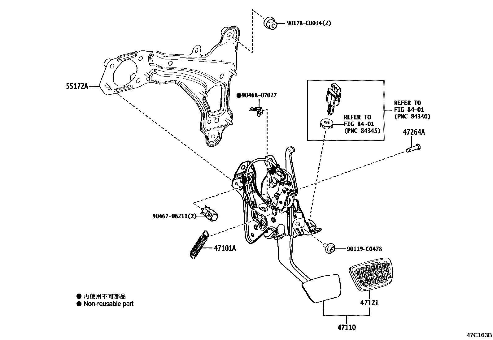 Toyota RAV4 Brake Pedal & Bracket EPC diagram — 47C163B