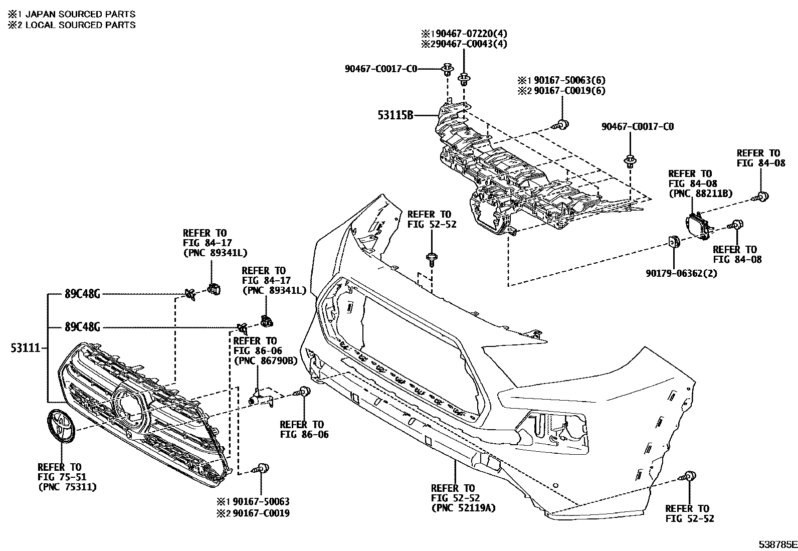 Toyota RAV4 radiator grille EPC diagram — 538785E