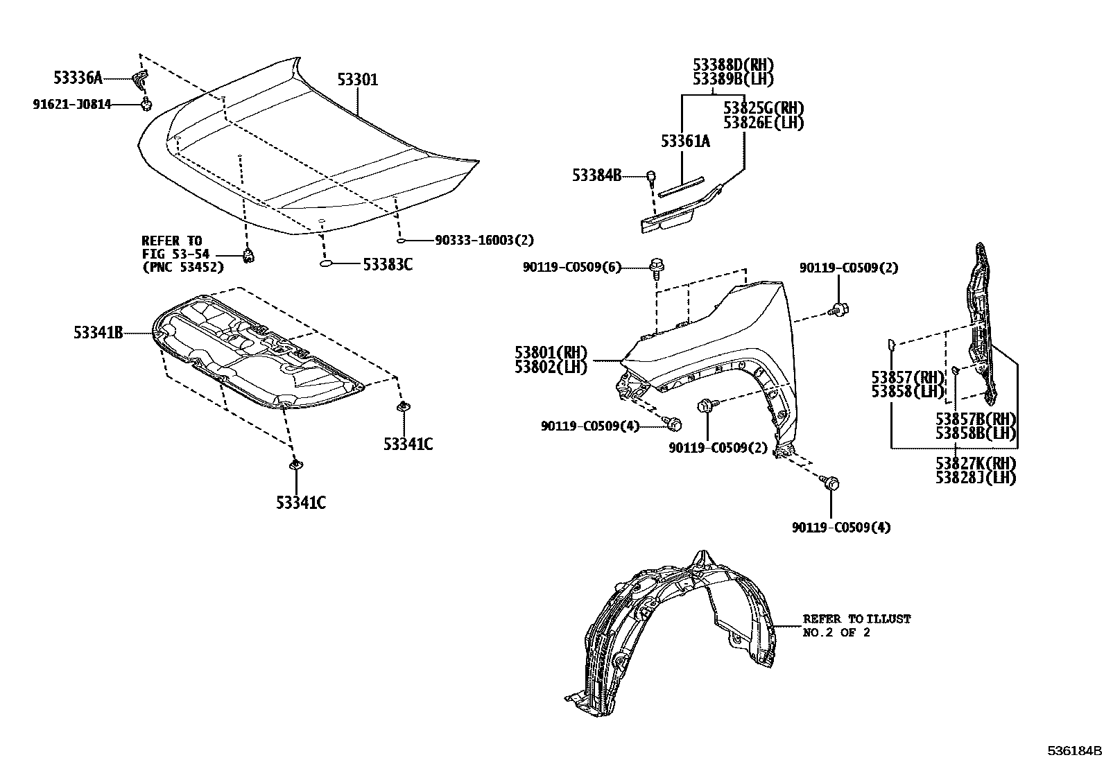 Toyota RAV4 发动机盖和前翼子板 EPC diagram — 536184B