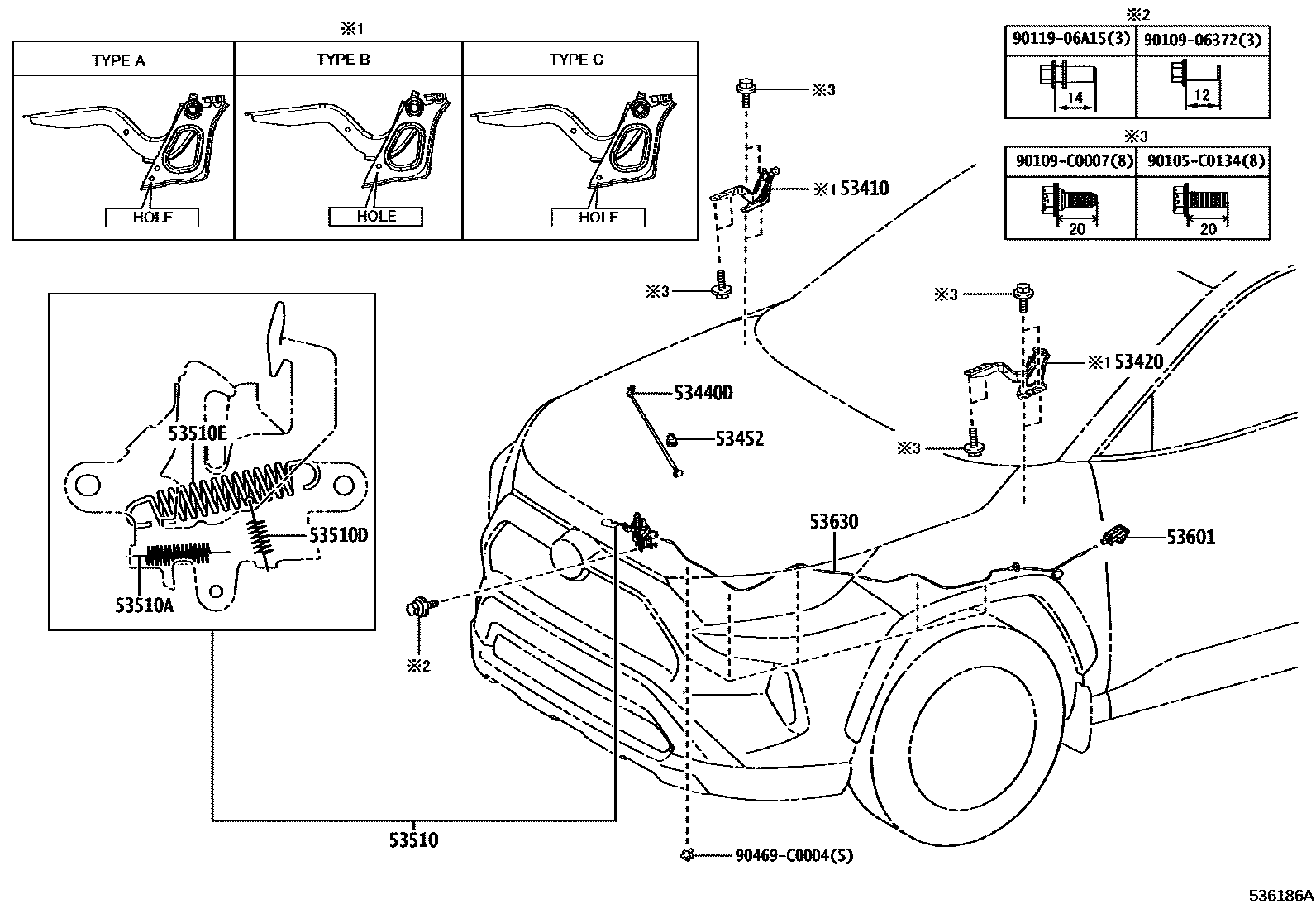Toyota RAV4 发动机盖锁和铰链 EPC diagram — 536186A