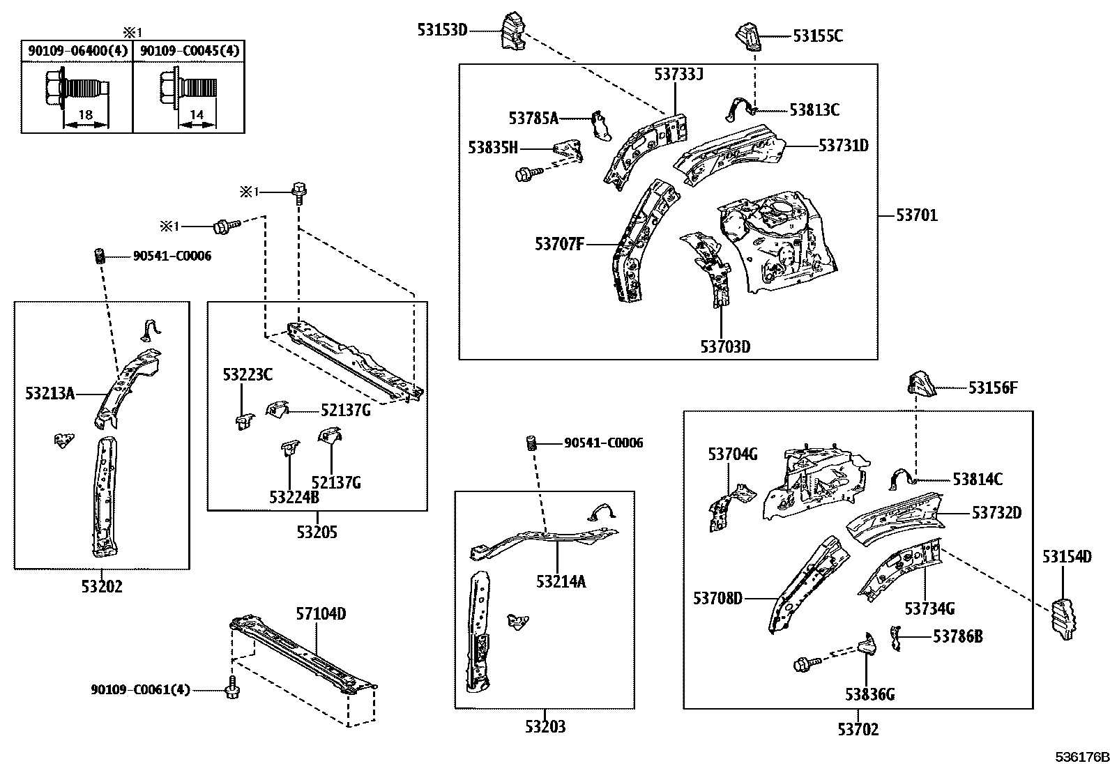 Toyota RAV4 前翼子板挡泥板和前围板 EPC diagram — 536176B