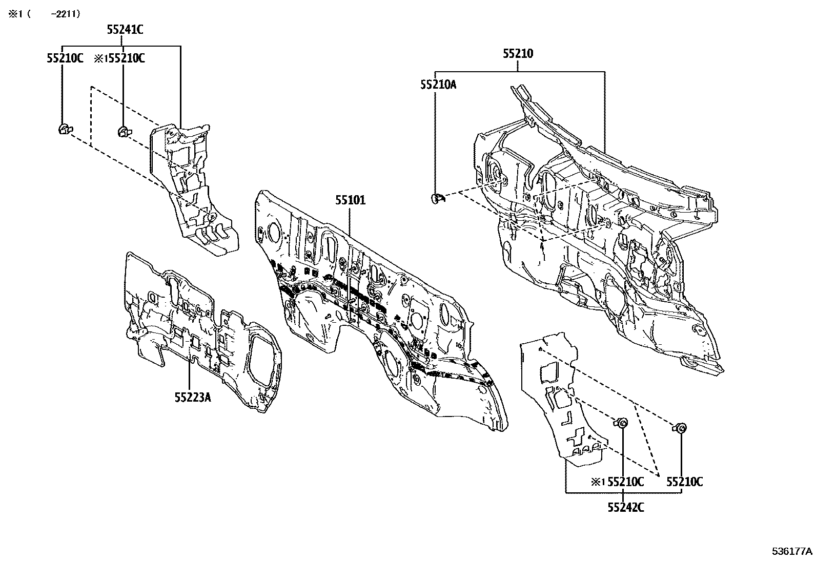Toyota RAV4 前翼子板挡泥板和前围板 EPC diagram — 536177A