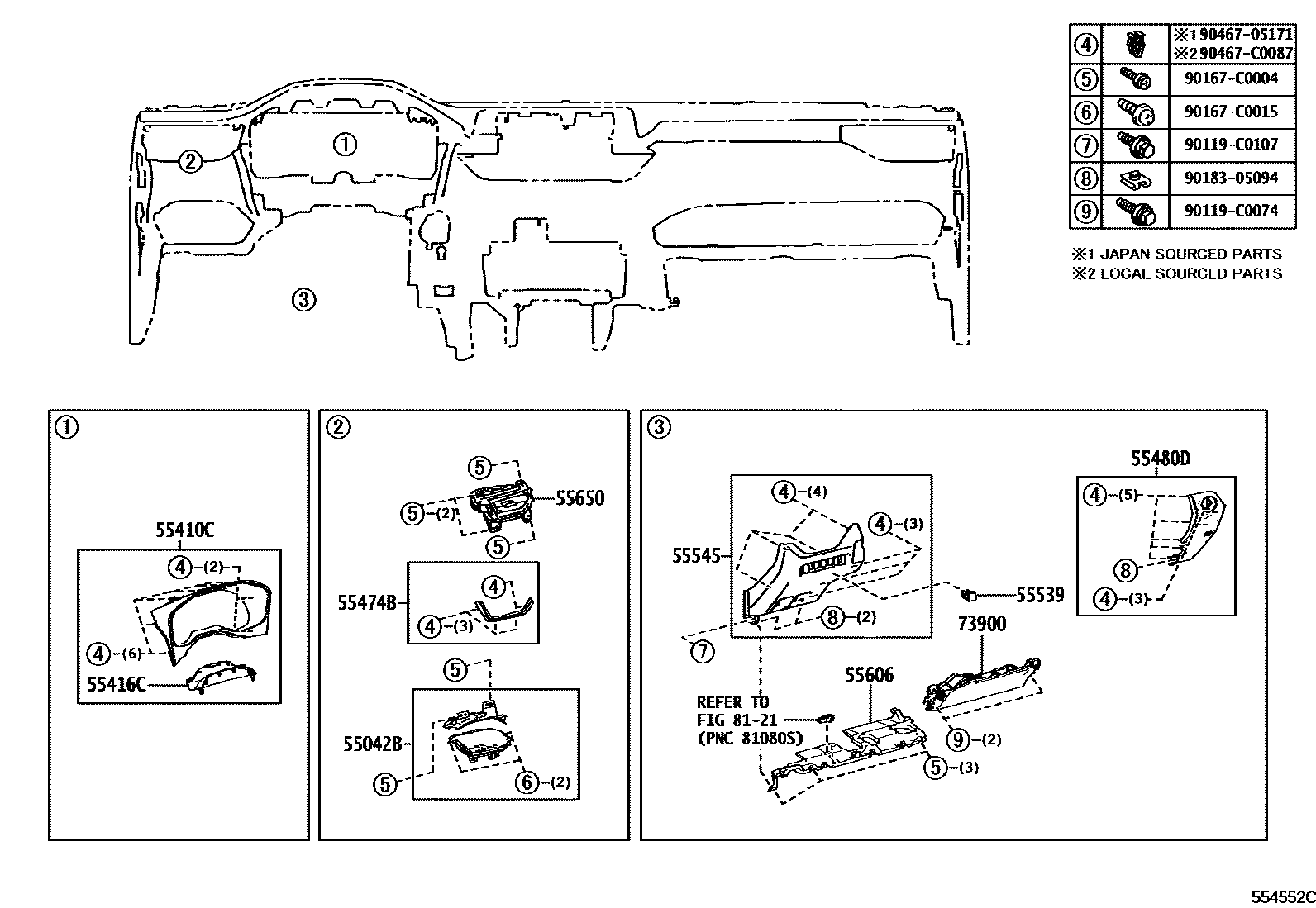 Toyota RAV4 仪表板和手套箱 EPC diagram — 554552C