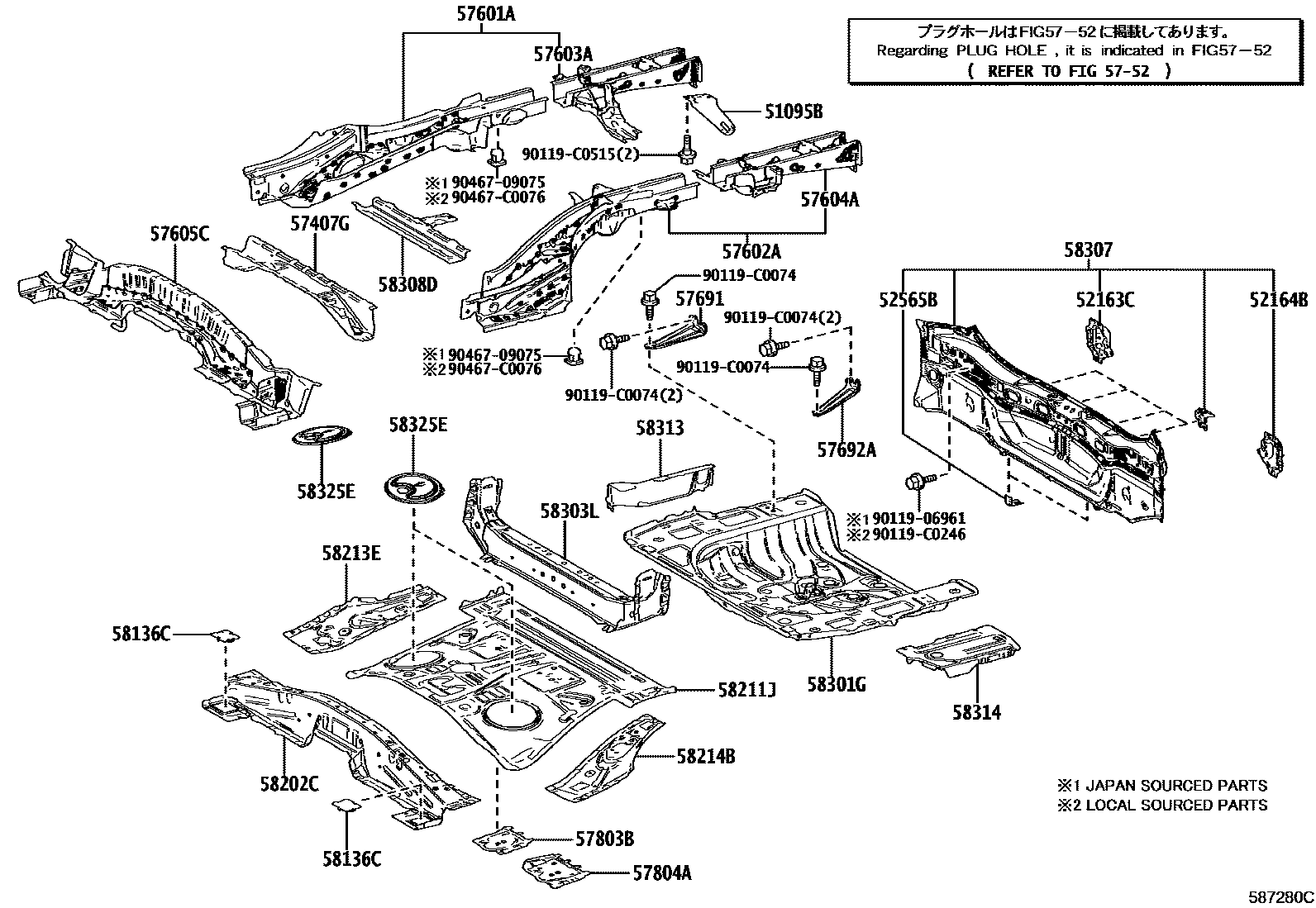 Toyota RAV4 后地板和后地板梁 EPC diagram — 587280C