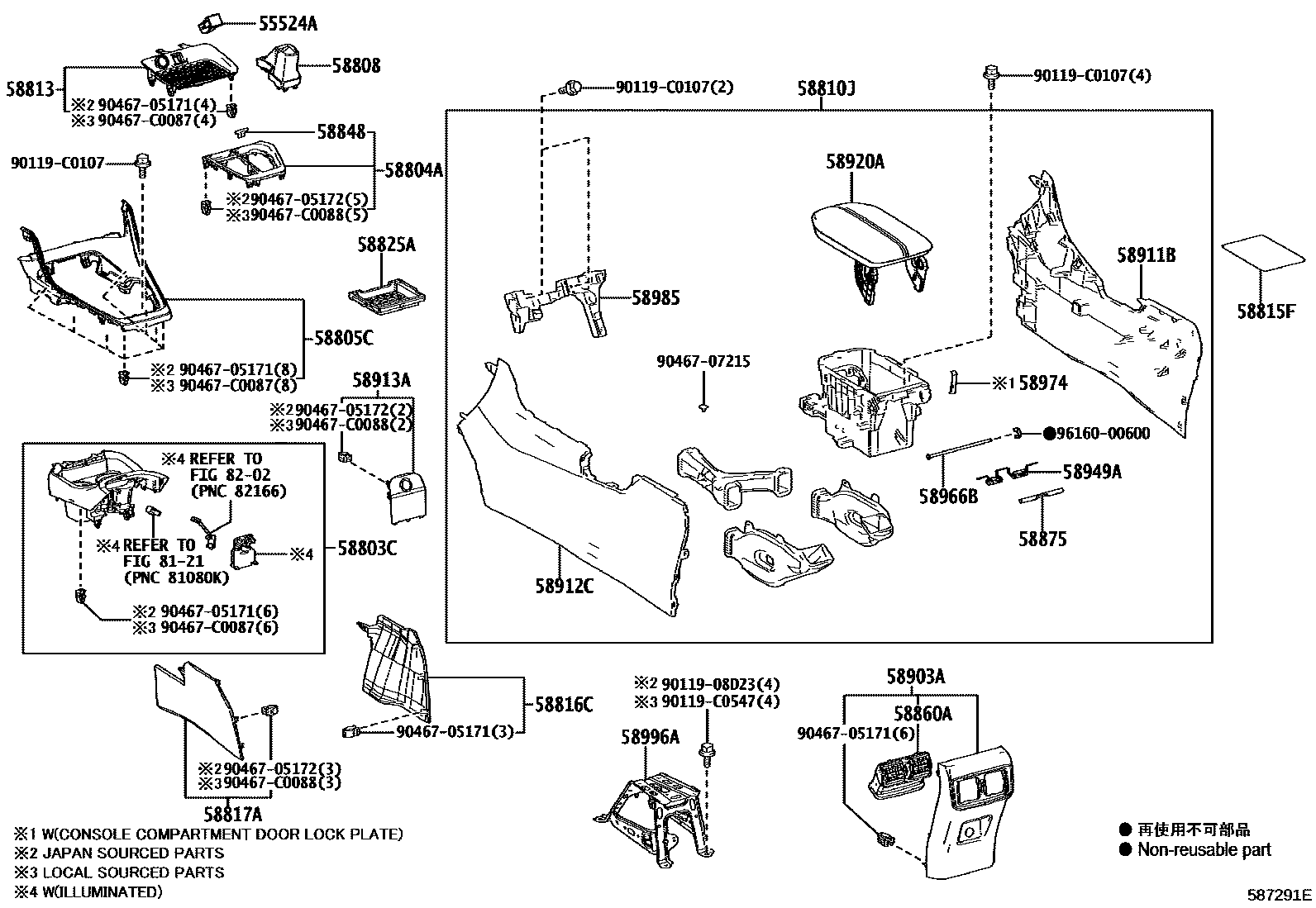 Toyota RAV4 中央扶手箱和支架 EPC diagram — 587291E