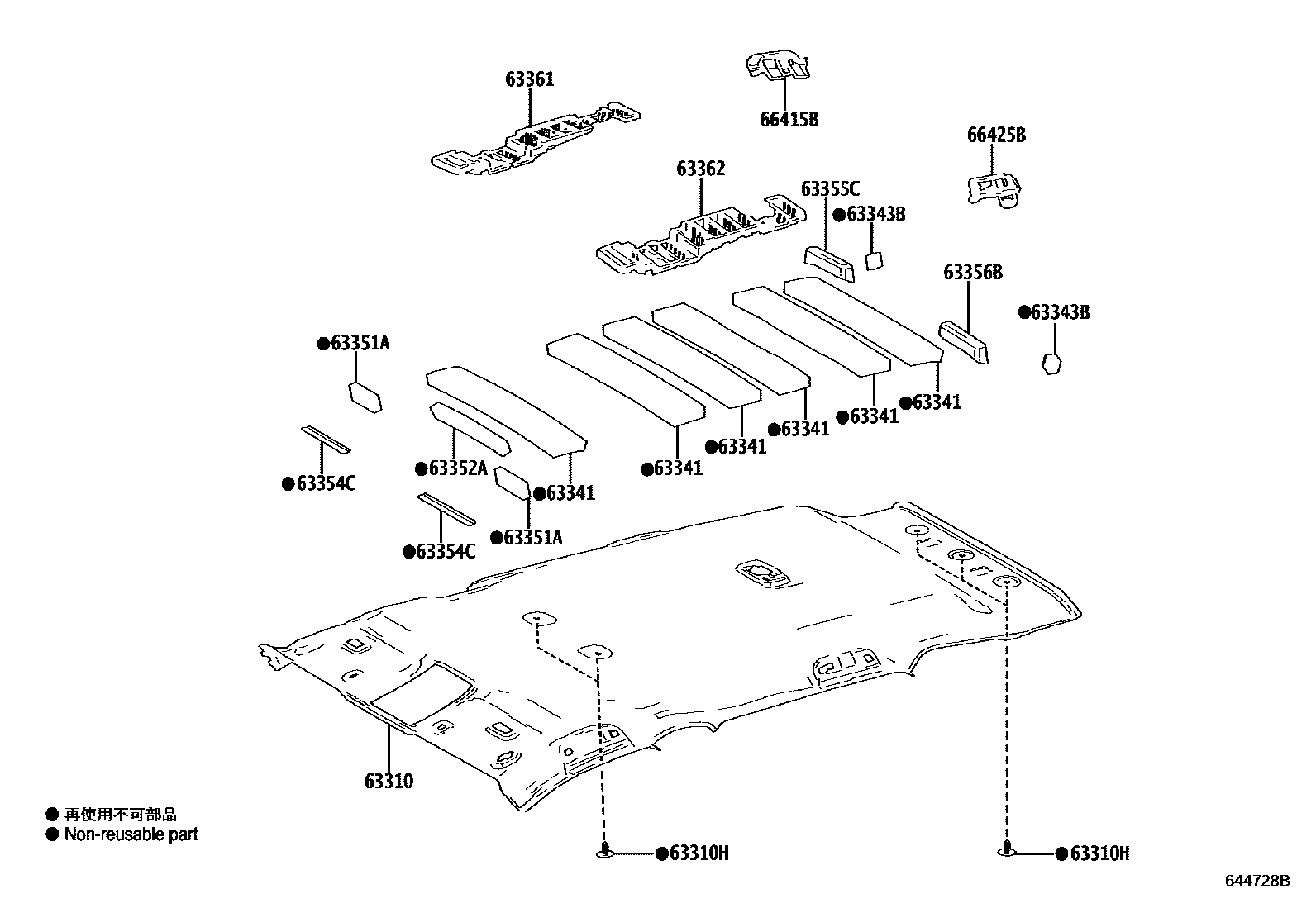 Toyota RAV4 车顶内衬和消声垫 EPC diagram — 644728B