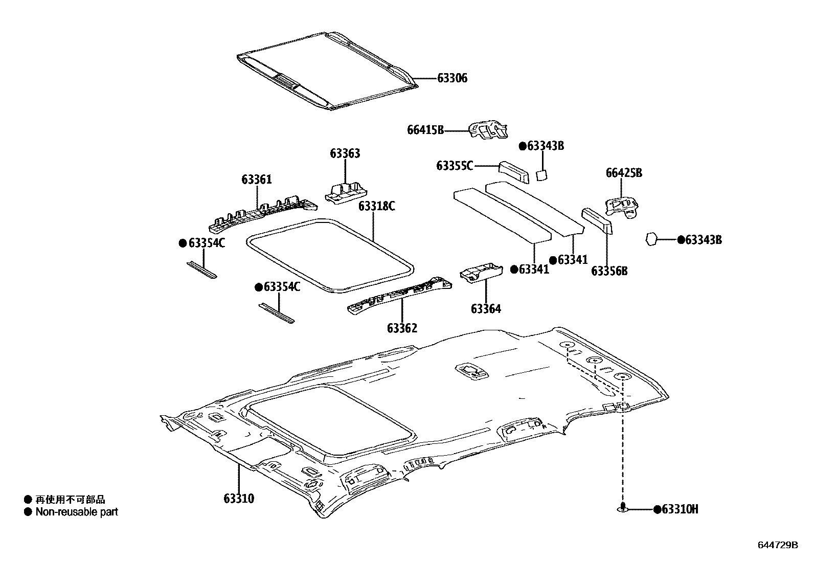 Toyota RAV4 车顶内衬和消声垫 EPC diagram — 644729B