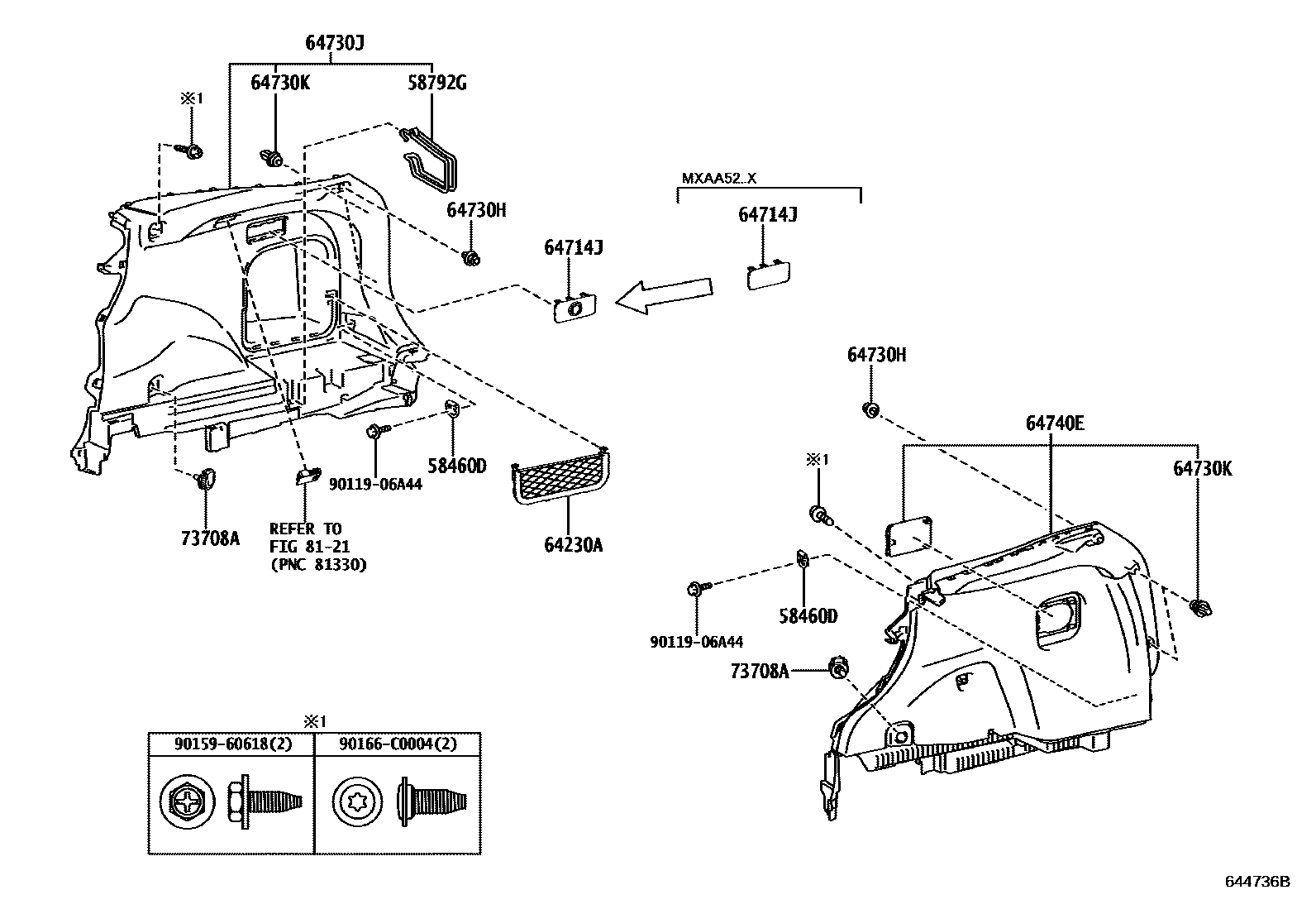 Toyota RAV4 底板和底板装饰罩 EPC diagram — 644736B