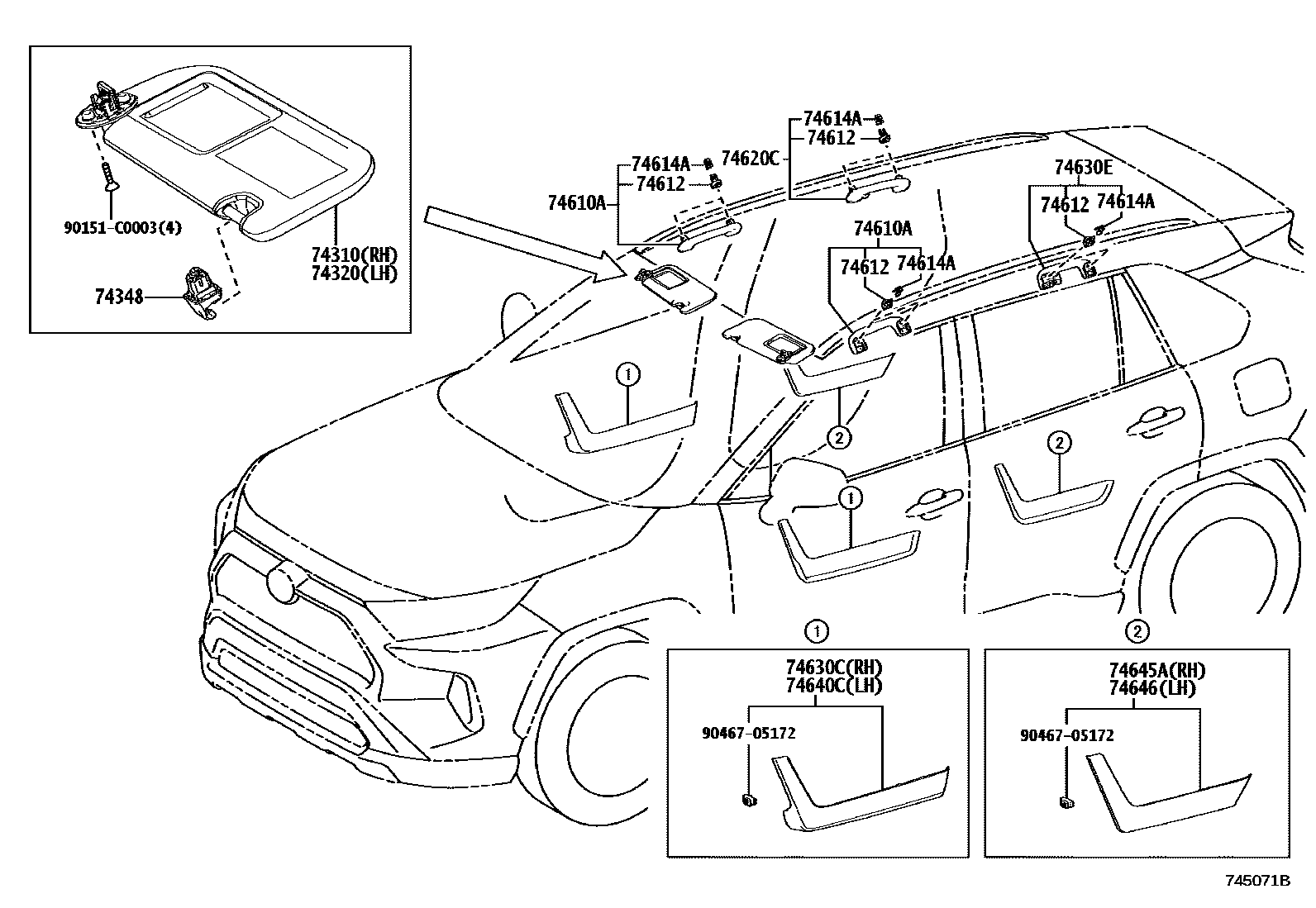 Toyota RAV4 扶手和遮阳板 EPC diagram — 745071B