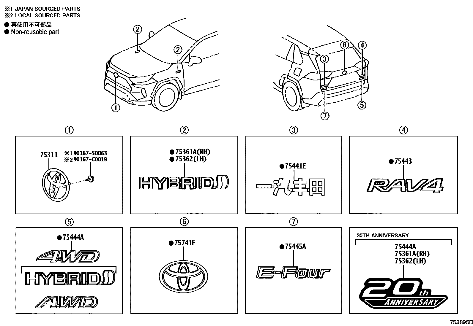 Toyota RAV4 徽标和铭牌 EPC diagram — 753895D