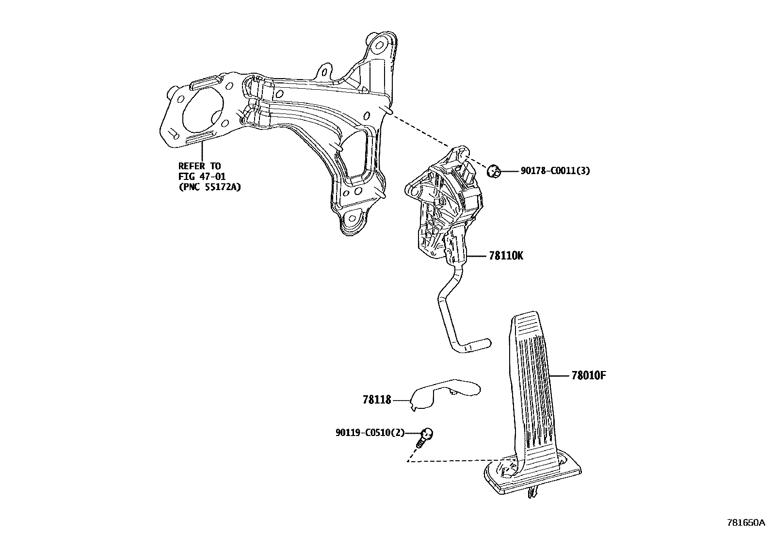 Toyota RAV4 accelerator pedal connecting rod EPC diagram — 781650A