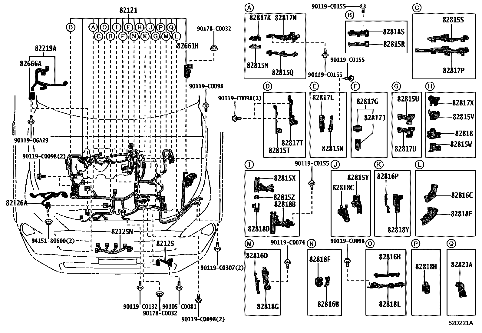 Toyota RAV4 线束和卡夹 EPC diagram — 82D221A