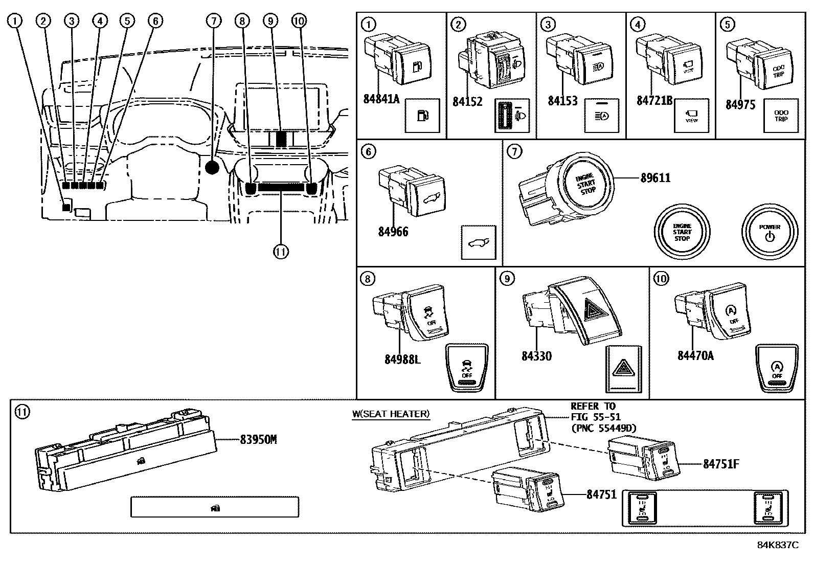 Toyota RAV4 开关和继电器和ECU EPC diagram — 84K837C