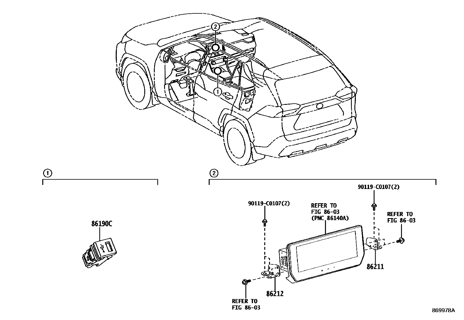 Toyota RAV4 收音机、放大器和冷凝器 EPC diagram — 869978A